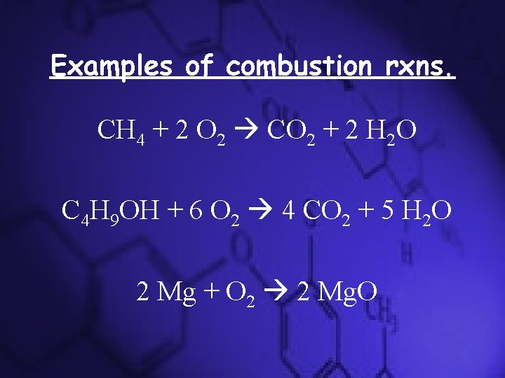 Examples of combustion rxns. CH 4 + 2 O 2 CO 2 + 2 Examples of combustion rxns. CH 4 + 2 O 2 CO 2 + 2