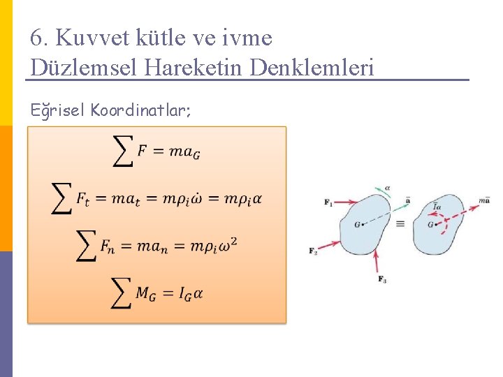 6. Kuvvet kütle ve ivme Düzlemsel Hareketin Denklemleri Eğrisel Koordinatlar; 