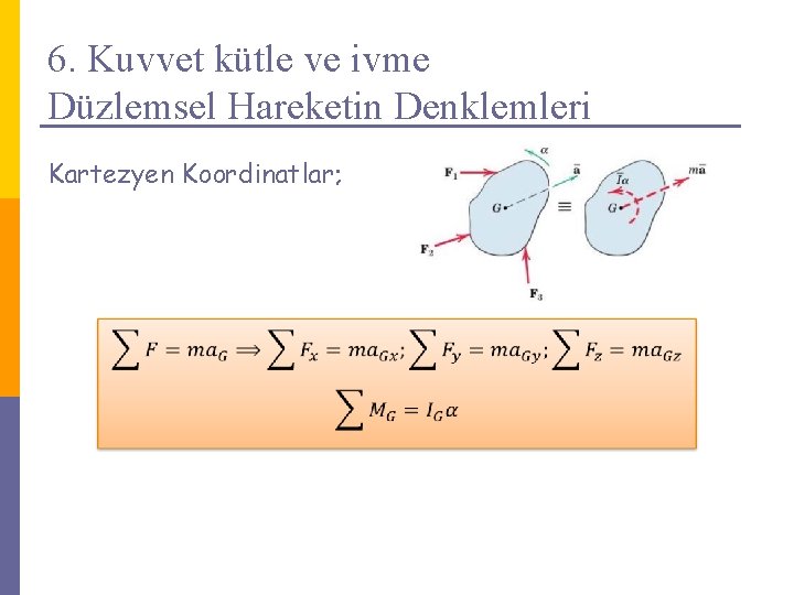 6. Kuvvet kütle ve ivme Düzlemsel Hareketin Denklemleri Kartezyen Koordinatlar; 