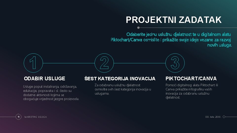 PROJEKTNI ZADATAK Odaberite jednu uslužnu djelatnost te u digitalnom alatu Piktochart/Canva osmislite i prikažite PROJEKTNI ZADATAK Odaberite jednu uslužnu djelatnost te u digitalnom alatu Piktochart/Canva osmislite i prikažite