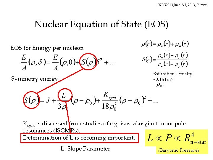 INPC 2013, June 2 -7, 2013, Firenze Nuclear Equation of State (EOS) EOS for