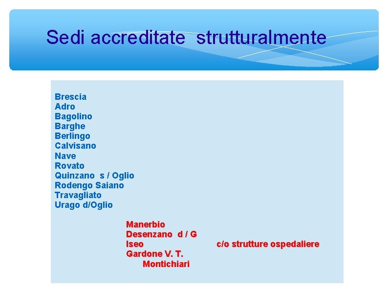 Sedi accreditate strutturalmente Brescia Adro Bagolino Barghe Berlingo Calvisano Nave Rovato Quinzano s /