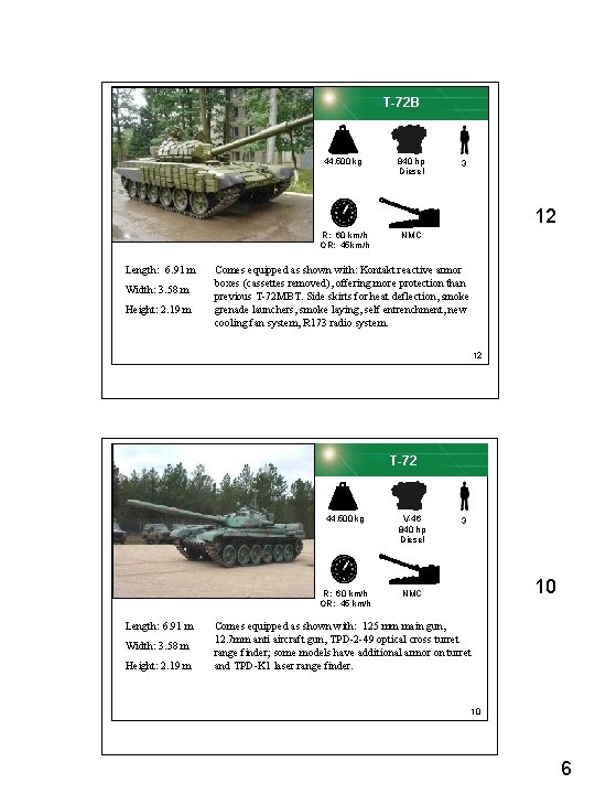 T-72 B 44, 500 kg 840 hp Diesel R: 60 km/h OR: 45 km/h