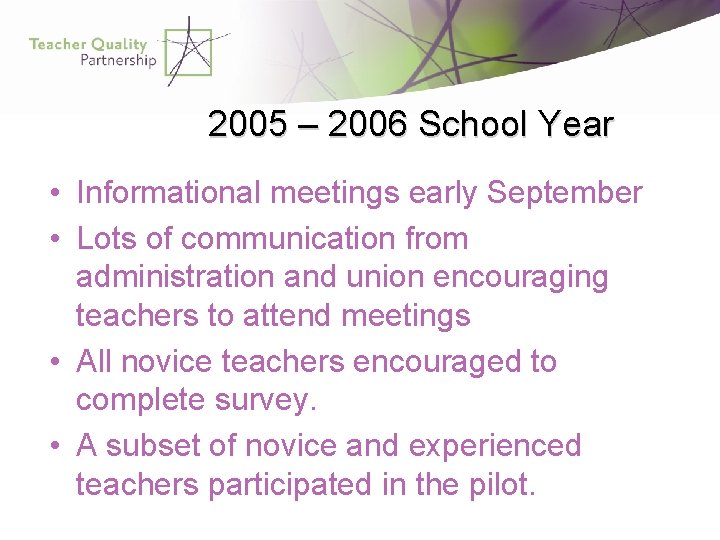 2005 – 2006 School Year • Informational meetings early September • Lots of communication