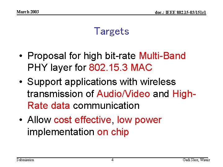 March 2003 doc. : IEEE 802. 15 -03/151 r 1 Targets • Proposal for