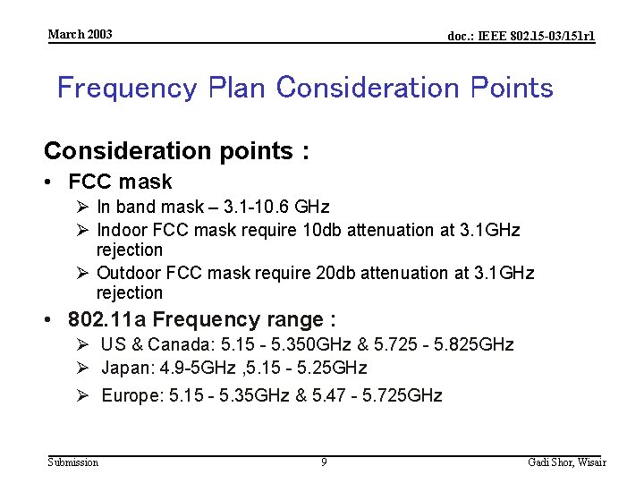 March 2003 doc. : IEEE 802. 15 -03/151 r 1 Frequency Plan Consideration Points