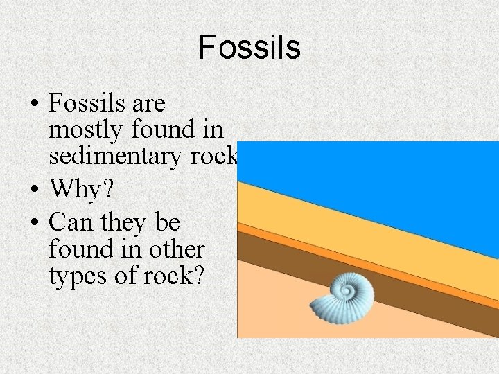 Fossils • Fossils are mostly found in sedimentary rock • Why? • Can they