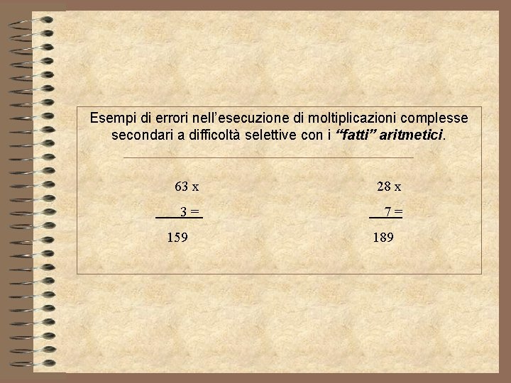 Esempi di errori nell’esecuzione di moltiplicazioni complesse secondari a difficoltà selettive con i “fatti”