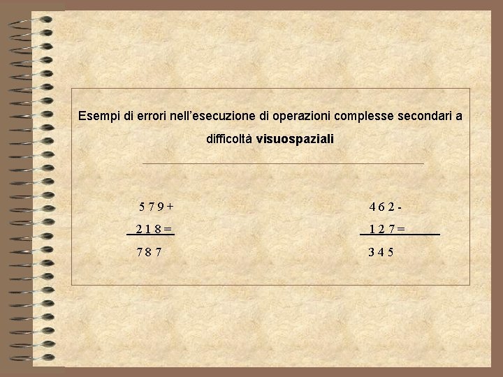 Esempi di errori nell’esecuzione di operazioni complesse secondari a difficoltà visuospaziali 579+ 462 -