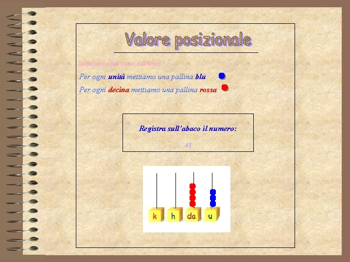 Impariamo a fare i conti sull’abaco Per ogni unità mettiamo una pallina blu Per