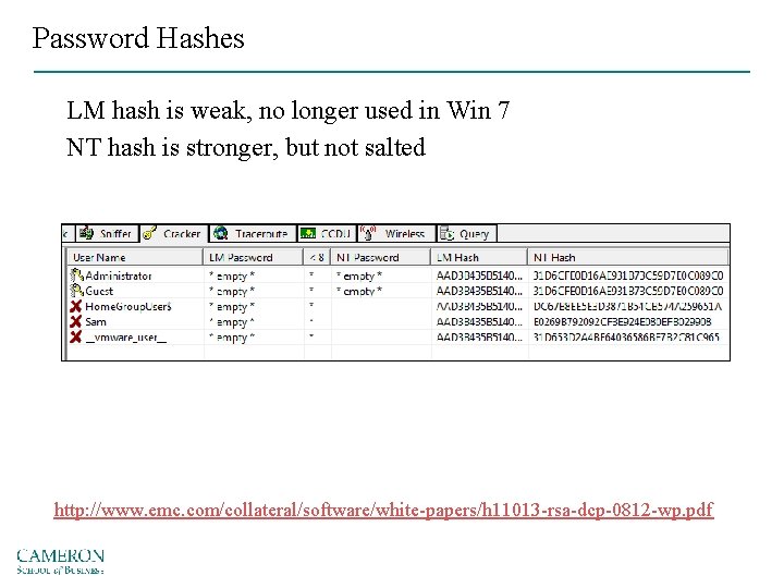 Password Hashes LM hash is weak, no longer used in Win 7 NT hash