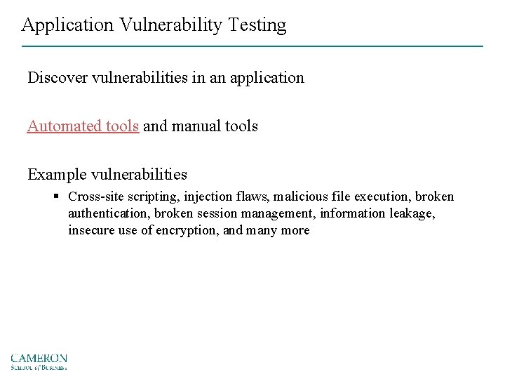 Application Vulnerability Testing Discover vulnerabilities in an application Automated tools and manual tools Example