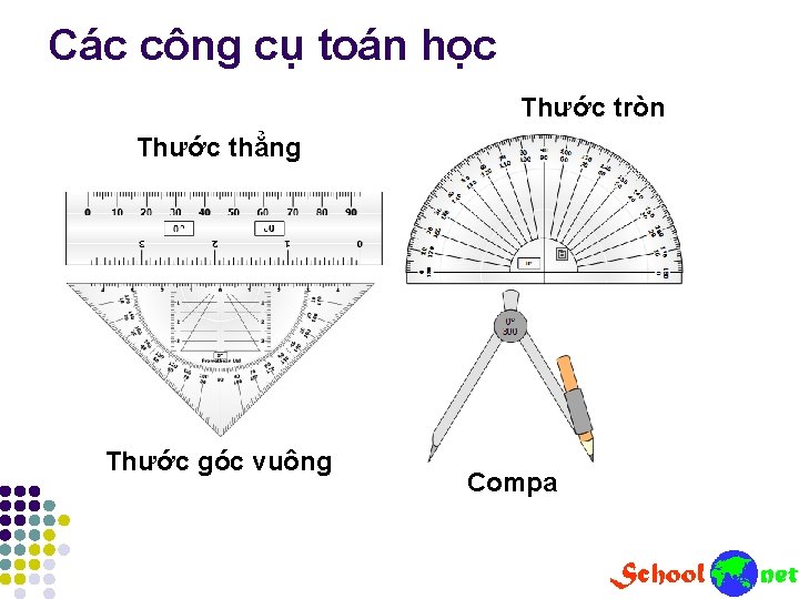Các công cụ toán học Thước tròn Thước thẳng Thước góc vuông Compa Các công cụ toán học Thước tròn Thước thẳng Thước góc vuông Compa