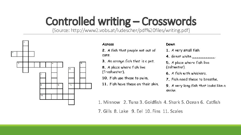 Controlled writing – Crosswords (Source: http: //www 2. vobs. at/ludescher/pdf%20 files/writing. pdf) 1. Minnow