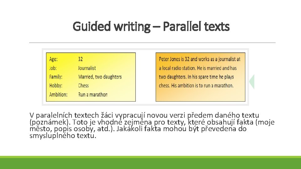 Guided writing – Parallel texts V paralelních textech žáci vypracují novou verzi předem daného
