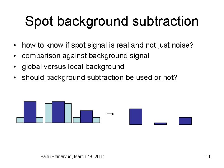 Spot background subtraction • • how to know if spot signal is real and