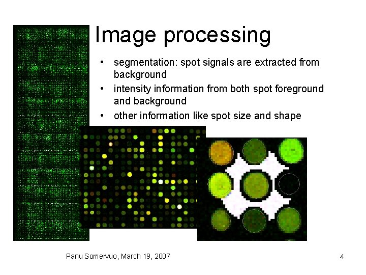 Image processing • segmentation: spot signals are extracted from background • intensity information from