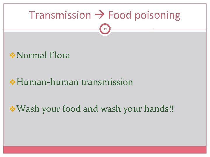 Transmission Food poisoning 11 v. Normal Flora v. Human-human transmission v. Wash your food