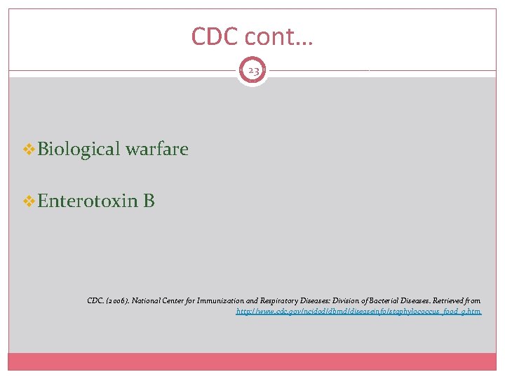 CDC cont… 23 v. Biological warfare v. Enterotoxin B CDC. (2006). National Center for
