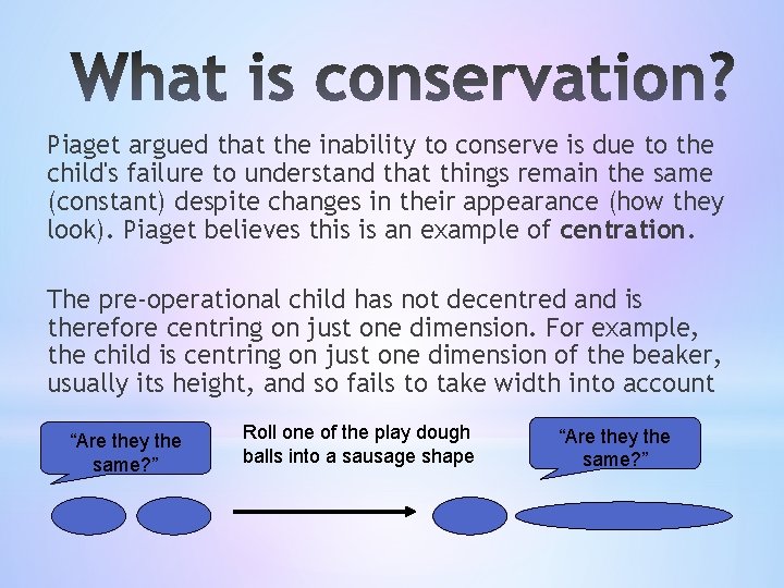 Piaget argued that the inability to conserve is due to the child's failure to