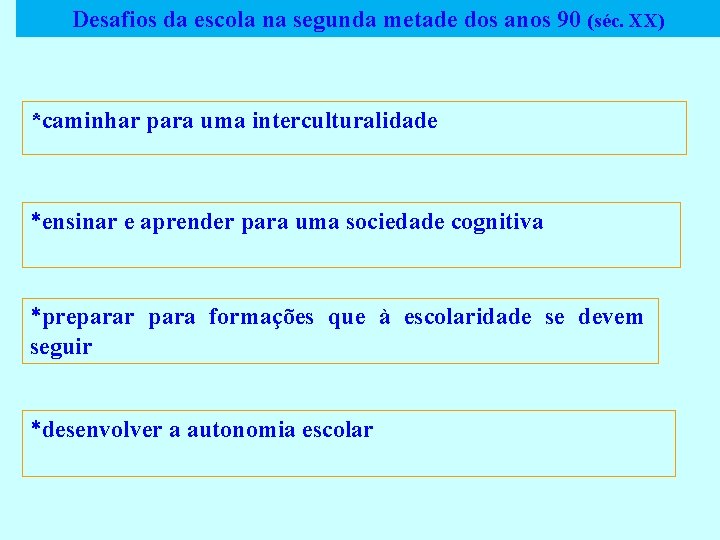 Desafios da escola na segunda metade dos anos 90 (séc. XX) *caminhar para uma