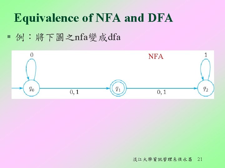 Equivalence of NFA and DFA § 例：將下圖之nfa變成dfa NFA 淡江大學資訊管理系侯永昌 21 