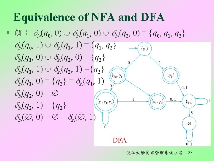 Equivalence of NFA and DFA § 解： N(q 0, 0) N(q 1, 0) N(q