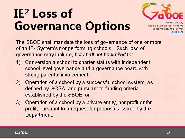 2 IE Loss of Governance Options Richard Woods, Georgia’s School Superintendent “Educating Georgia’s Future”