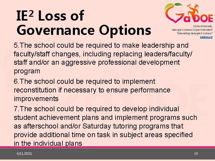 2 IE Loss of Governance Options Richard Woods, Georgia’s School Superintendent “Educating Georgia’s Future”