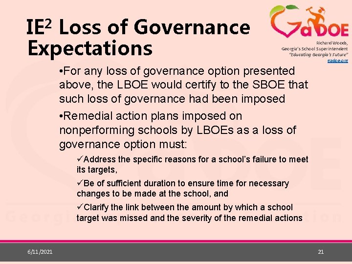 IE 2 Loss of Governance Expectations Richard Woods, Georgia’s School Superintendent “Educating Georgia’s Future”