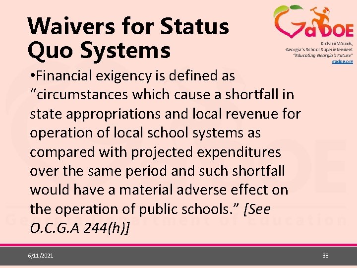 Waivers for Status Quo Systems Richard Woods, Georgia’s School Superintendent “Educating Georgia’s Future” gadoe.