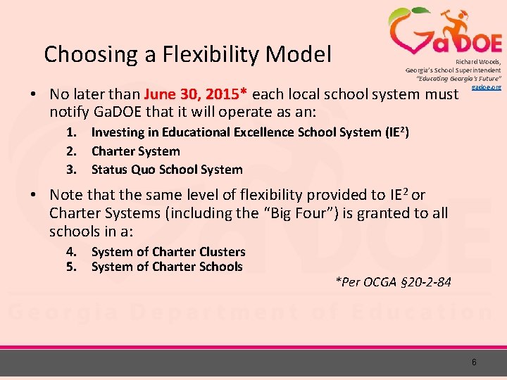 Choosing a Flexibility Model Richard Woods, Georgia’s School Superintendent “Educating Georgia’s Future” gadoe. org