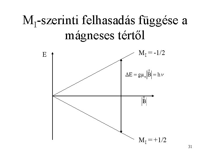 MI-szerinti felhasadás függése a mágneses tértől E MI = -1/2 MI = +1/2 31