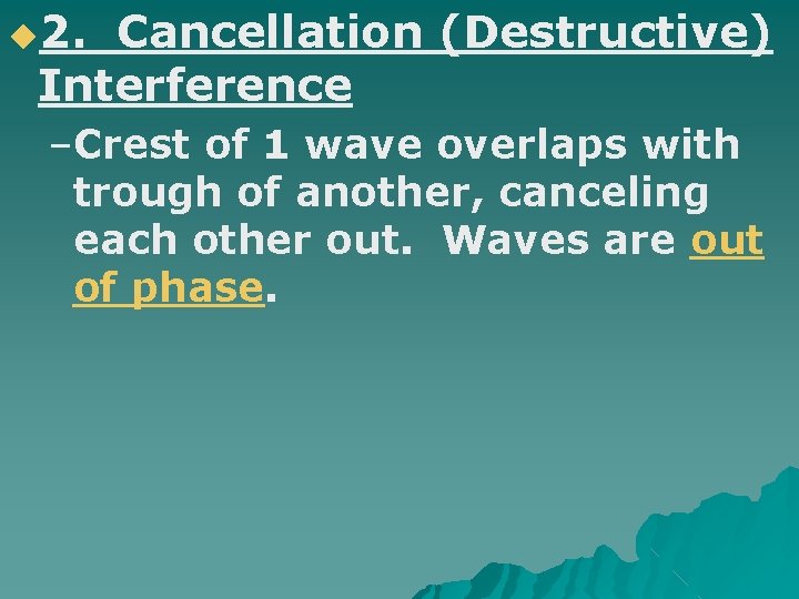 ◆2. Cancellation (Destructive) Interference –Crest of 1 wave overlaps with trough of another, canceling