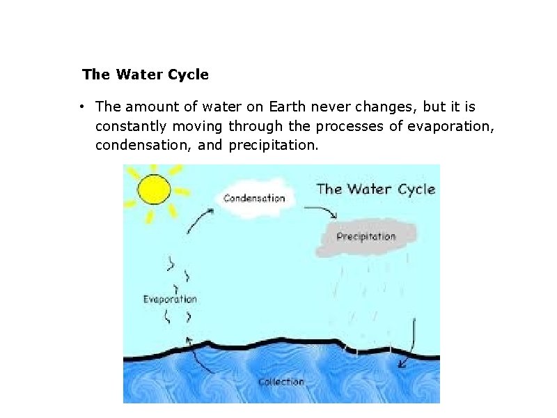 The Water Cycle • The amount of water on Earth never changes, but it