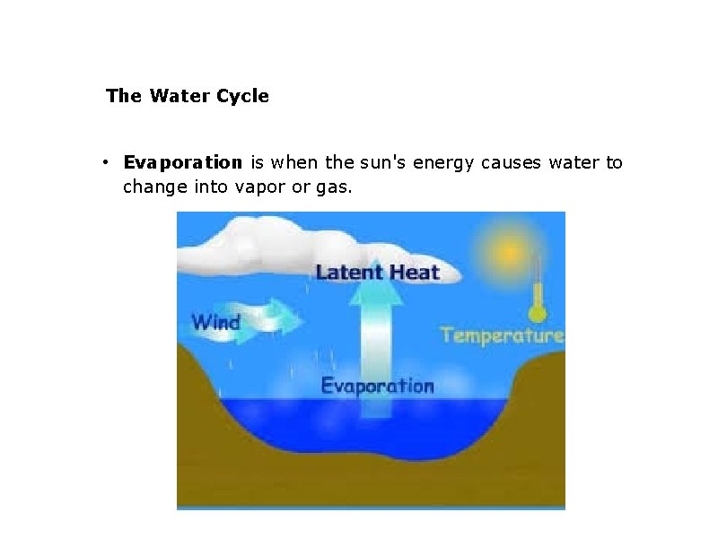 The Water Cycle • Evaporation is when the sun's energy causes water to change