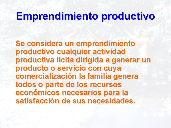 Emprendimiento productivo Se considera un emprendimiento productivo cualquier actividad productiva lícita dirigida a generar