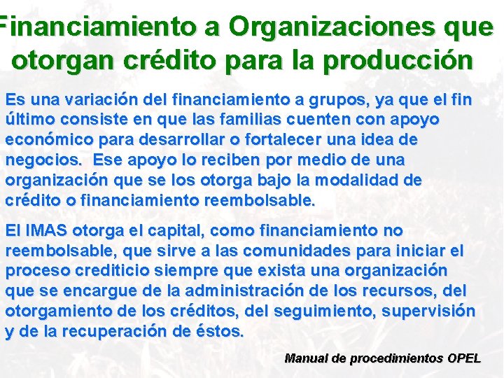 Financiamiento a Organizaciones que otorgan crédito para la producción Es una variación del financiamiento