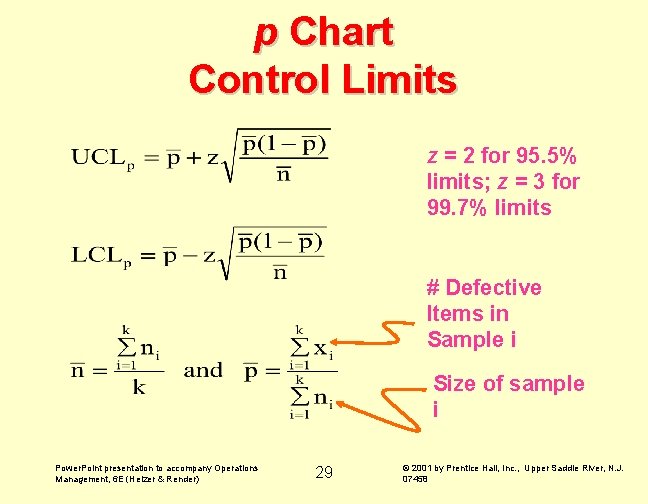p Chart Control Limits z = 2 for 95. 5% limits; z = 3 p Chart Control Limits z = 2 for 95. 5% limits; z = 3