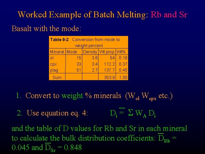 Worked Example of Batch Melting: Rb and Sr Basalt with the mode: Table 9