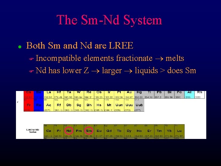 The Sm-Nd System l Both Sm and Nd are LREE Incompatible elements fractionate melts