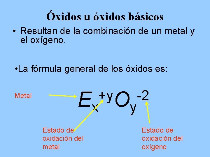 Óxidos u óxidos básicos • Resultan de la combinación de un metal y el