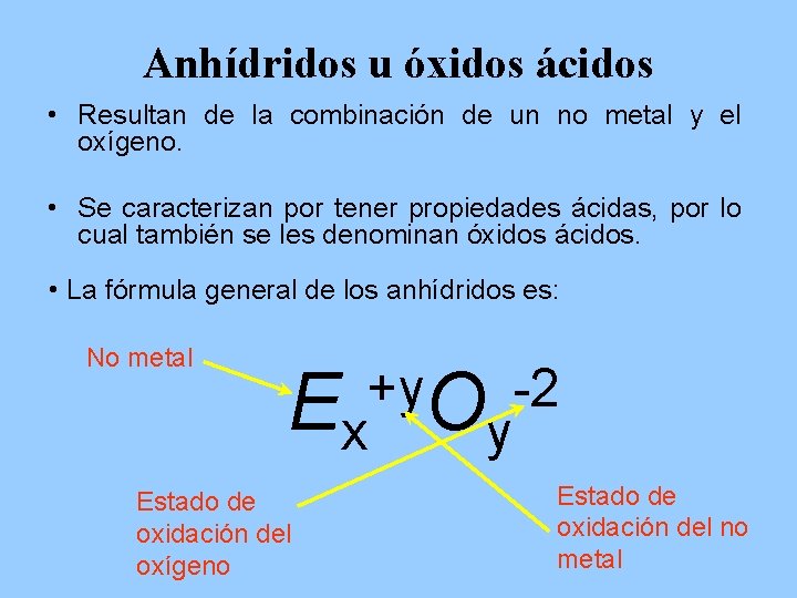 Anhídridos u óxidos ácidos • Resultan de la combinación de un no metal y