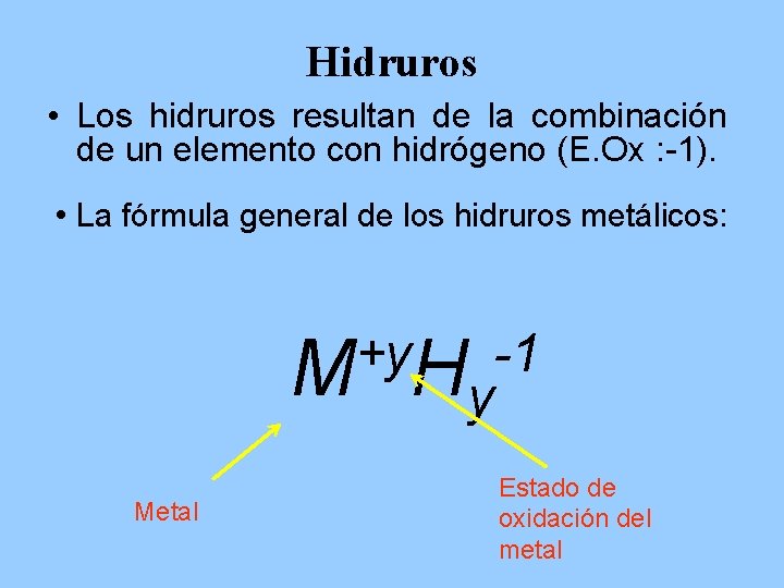 Hidruros • Los hidruros resultan de la combinación de un elemento con hidrógeno (E.