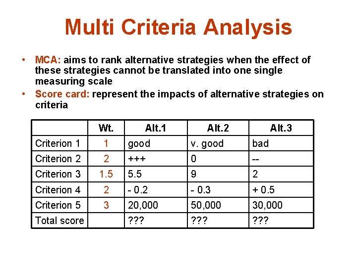 Multi Criteria Analysis • MCA: aims to rank alternative strategies when the effect of