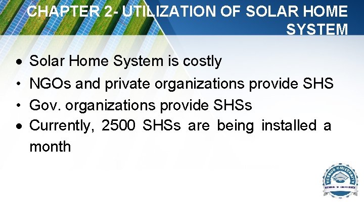 CHAPTER 2 - UTILIZATION OF SOLAR HOME SYSTEM • • Solar Home System is CHAPTER 2 - UTILIZATION OF SOLAR HOME SYSTEM • • Solar Home System is