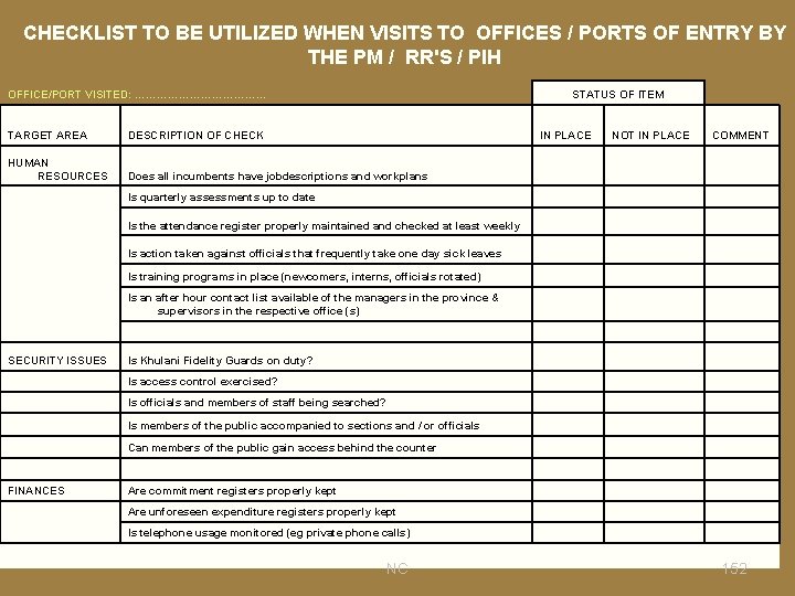 CHECKLIST TO BE UTILIZED WHEN VISITS TO OFFICES / PORTS OF ENTRY BY THE