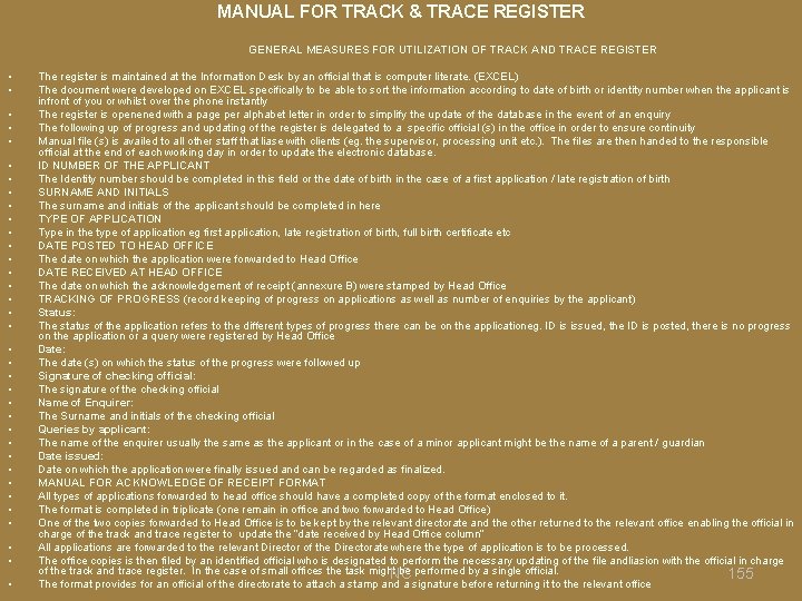 MANUAL FOR TRACK & TRACE REGISTER GENERAL MEASURES FOR UTILIZATION OF TRACK AND TRACE