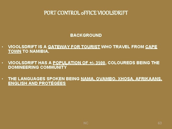 PORT CONTROL 0 FFICE VIOOLSDRIFT BACKGROUND • VIOOLSDRIFT IS A GATEWAY FOR TOURIST WHO