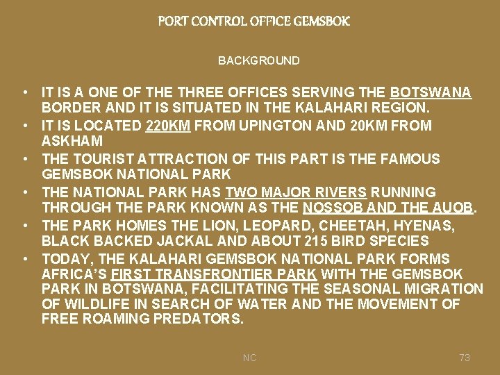 PORT CONTROL OFFICE GEMSBOK BACKGROUND • IT IS A ONE OF THE THREE OFFICES